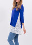 Blue Patchwork Lace Draped Irregular Round Neck Casual T-Shirt