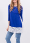 Blue Patchwork Lace Draped Irregular Round Neck Casual T-Shirt