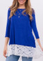Blue Patchwork Lace Draped Irregular Round Neck Casual T-Shirt