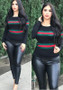 Black Striped Print Round Neck Long Sleeve Casual T-Shirt