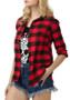Red Plaid Single Breasted Turndown Collar Long Sleeve Blouse