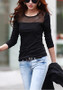 Black Patchwork Grenadine Round Neck Long Sleeve Casual T-Shirt