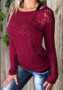 Red Patchwork Lace Round Neck Long Sleeve Fashion T-Shirt