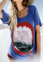 Blue Floral Print Round Neck Short Sleeve Casual T-Shirt