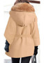 Camel Patchwork Faux Fur Turndown Collar Sashes Hooded Long Sleeve Cardigan Wool Coat