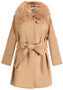 Camel Patchwork Faux Fur Turndown Collar Sashes Hooded Long Sleeve Cardigan Wool Coat