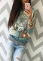 Blue Floral Round Neck Long Sleeve Casual T-Shirt