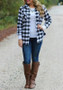 White-Black Plaid Single Breasted Pockets Turndown Collar Long Sleeve Casual Blouse