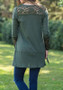 Green Patchwork Irregular Lace V-neck Long Sleeve T-Shirt