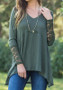 Green Patchwork Irregular Lace V-neck Long Sleeve T-Shirt