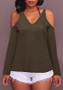 Green V-neck Off Shoulder Casual Loose Long Sleeve T-Shirt