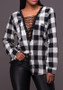 Black-White Plaid Drawstring Buttons V-neck Long Sleeve Fashion Blouses