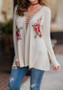 White Flowers Pattern Plunging Neckline Fashion Knit T-Shirt