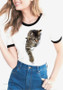 White Cat Print Round Neck Office Worker/Daily Casual T-Shirt