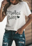 White Monogram Heart Print Round Neck Casual Sweet T-Shirt