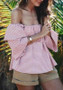Pink-White Striped Ruffle Off Shoulder Backless Sweet Going out Blouse