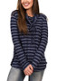Navy Blue Striped Drawstring Long Sleeve Cowl Neck Oversized Casual T-Shirt