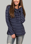 Navy Blue Striped Drawstring Long Sleeve Cowl Neck Oversized Casual T-Shirt