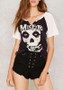 Black-White Skull Monogram Print Hollow-out Backless Short Sleeve Casual T-Shirt