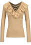 Khaki Lace-Up Ruffle Cut Out V-neck Long Sleeve Fashion T-Shirt