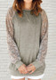 Grey Patchwork Lace Round Neck Long Sleeve Casual T-Shirt