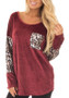 Red Patchwork Leopard Sequin Pockets Round Neck Long Sleeve Fashion T-Shirt