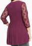 Burgundy Patchwork Lace Hollow-out Single Breasted Draped 3/4 Sleeve Casual T-Shirt