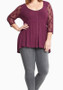 Burgundy Patchwork Lace Hollow-out Single Breasted Draped 3/4 Sleeve Casual T-Shirt