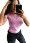 Pink Patchwork Lace Cut Out Round Neck Fashion T-Shirt