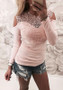 Pink Patchwork Lace Cut Out Round Neck Fashion T-Shirt