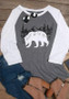 Grey Patchwork Bear Print Round Neck Long Sleeve Fashion T-Shirt