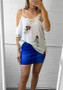 White Floral Cut Out Condole Belt Plunging Neckline Fashion T-Shirt