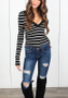 Black Striped Print Plunging Neckline Long Sleeve Fashion T-Shirt