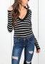 Black Striped Print Plunging Neckline Long Sleeve Fashion T-Shirt