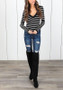 Black Striped Print Plunging Neckline Long Sleeve Fashion T-Shirt