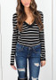 Black Striped Print Plunging Neckline Long Sleeve Fashion T-Shirt