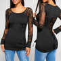 Black Patchwork Lace Drawstring Round Neck Long Sleeve T-Shirt