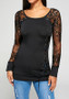 Black Patchwork Lace Drawstring Round Neck Long Sleeve T-Shirt