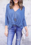 Blue Pleated V-neck Casual Going out T-Shirt