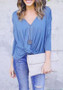 Blue Pleated V-neck Casual Going out T-Shirt