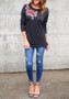 Black Flowers Embroidery Round Neck Long Sleeve Oversized Casual T-Shirt