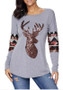 Grey Patchwork Sequin Deer Aztec Print Christmas Fashion T-Shirt