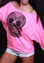 Pink Skull Print Boat Neck Long Sleeve Casual T-Shirt