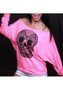 Pink Skull Print Boat Neck Long Sleeve Casual T-Shirt