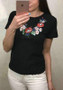 Black Floral Embroidery Round Neck Short Sleeve Mexican Casual T-Shirt