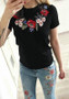 Black Floral Embroidery Round Neck Short Sleeve Mexican Casual T-Shirt