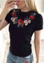 Black Floral Embroidery Round Neck Short Sleeve Mexican Casual T-Shirt