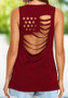 Burgundy American Flag Cut Out Backless Casual Independence Day T-Shirt