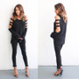 Women Solid Color Strapless Shirt Loose Sexy Autumn Crisscross Hollow Out Open Shoulder T-Shirt