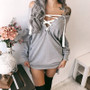 Autumn Winter Women Fashion Mid-length Bandage V-neck Loose Long Sleeve Hoodie Casual Sexy T shirt Tops